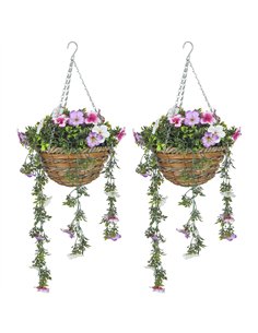 HOMCOM Set of 2 Decorative Artificial Plants, Faux Silk Azalea Flowers in Hanging Baskets, Fake Plants for Home Indoor Outdoor D