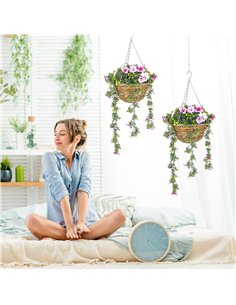 HOMCOM Set of 2 Decorative Artificial Plants, Faux Silk Azalea Flowers in Hanging Baskets, Fake Plants for Home Indoor Outdoor D 2