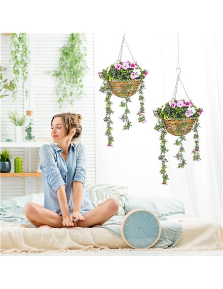 HOMCOM Set of 2 Decorative Artificial Plants, Faux Silk Azalea Flowers in Hanging Baskets, Fake Plants for Home Indoor Outdoor D - pic 125617 | FastDaddyshop