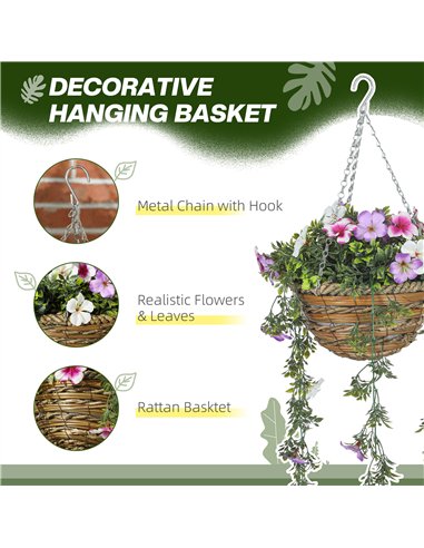 HOMCOM Set of 2 Decorative Artificial Plants, Faux Silk Azalea Flowers in Hanging Baskets, Fake Plants for Home Indoor Outdoor D