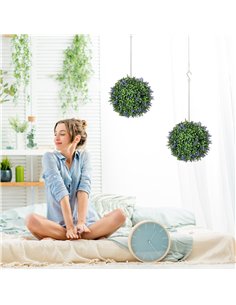 HOMCOM Set of 2 Artificial Plant Topiary Balls, UV-protected Fake Decorative Plants, Faux Plants for Home Indoor Outdoor Decor,  2