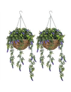 HOMCOM Set of 2 Decorative Artificial Plants, Faux Silk Lavender Flowers in Hanging Baskets, Fake Plants for Home Indoor Outdoor