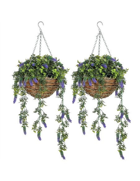 HOMCOM Set of 2 Decorative Artificial Plants, Faux Silk Lavender Flowers in Hanging Baskets, Fake Plants for Home Indoor Outdoor - pic 125634 | FastDaddyshop