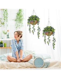 HOMCOM Set of 2 Decorative Artificial Plants, Faux Silk Lavender Flowers in Hanging Baskets, Fake Plants for Home Indoor Outdoor 2