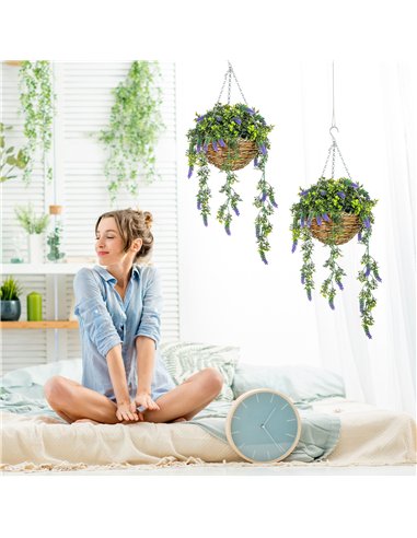 HOMCOM Set of 2 Decorative Artificial Plants, Faux Silk Lavender Flowers in Hanging Baskets, Fake Plants for Home Indoor Outdoor