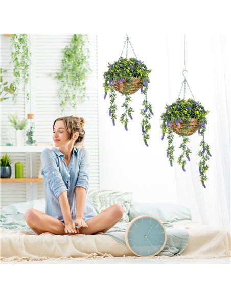 HOMCOM Set of 2 Decorative Artificial Plants, Faux Silk Lavender Flowers in Hanging Baskets, Fake Plants for Home Indoor Outdoor - pic 125635 | FastDaddyshop