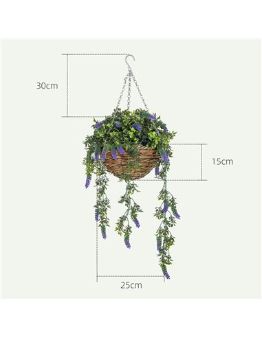 HOMCOM Set of 2 Decorative Artificial Plants, Faux Silk Lavender Flowers in Hanging Baskets, Fake Plants for Home Indoor Outdoor