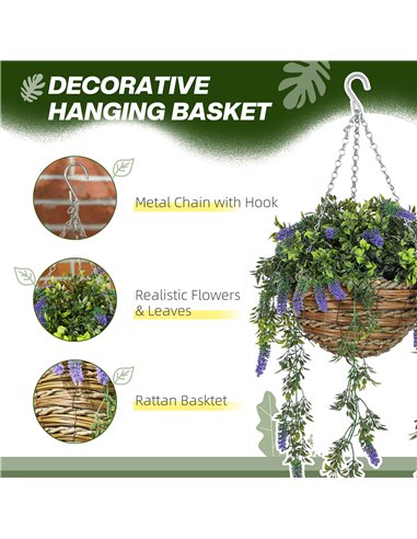 HOMCOM Set of 2 Decorative Artificial Plants, Faux Silk Lavender Flowers in Hanging Baskets, Fake Plants for Home Indoor Outdoor