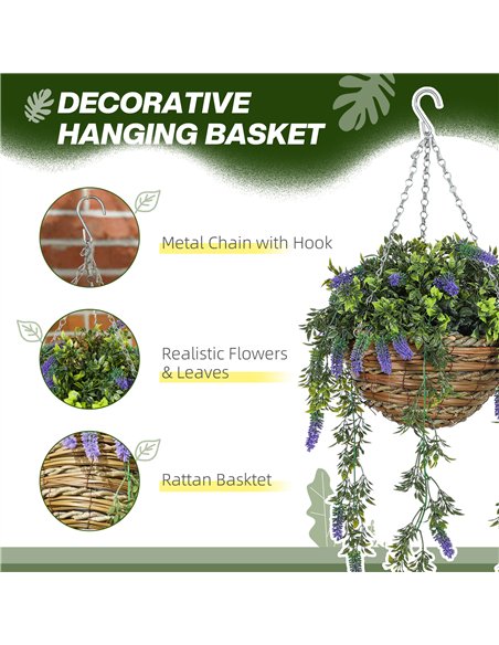 HOMCOM Set of 2 Decorative Artificial Plants, Faux Silk Lavender Flowers in Hanging Baskets, Fake Plants for Home Indoor Outdoor - pic 125637 | FastDaddyshop