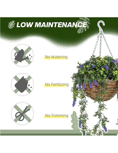 HOMCOM Set of 2 Decorative Artificial Plants, Faux Silk Lavender Flowers in Hanging Baskets, Fake Plants for Home Indoor Outdoor