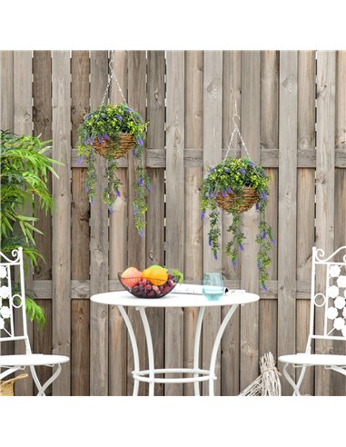 HOMCOM Set of 2 Decorative Artificial Plants, Faux Silk Lavender Flowers in Hanging Baskets, Fake Plants for Home Indoor Outdoor