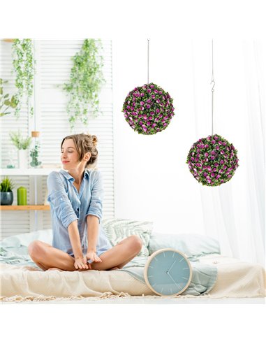 HOMCOM Set of 2 Decorative Artificial Plants, UV-protected Artificial Plant Topiary Rose Balls, Fake Plants for Home Indoor outd