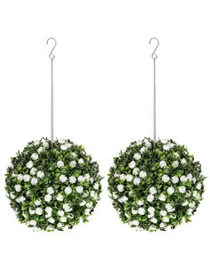 HOMCOM Set of 2 Decorative Artificial Plants, UV-protected Artificial Plant Topiary Rose Balls, Fake Plants for Home Indoor outd