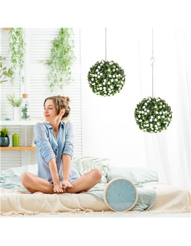 HOMCOM Set of 2 Decorative Artificial Plants, UV-protected Artificial Plant Topiary Rose Balls, Fake Plants for Home Indoor outd