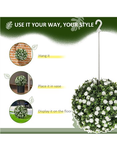 HOMCOM Set of 2 Decorative Artificial Plants, UV-protected Artificial Plant Topiary Rose Balls, Fake Plants for Home Indoor outd