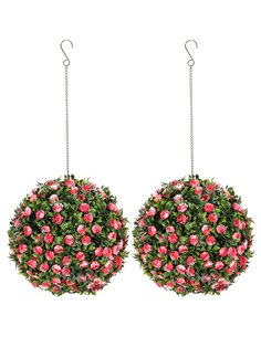HOMCOM Set of 2 Decorative Artificial Plants, UV-protected Artificial Plant Topiary Rose Balls, Fake Plants for Home Indoor outd