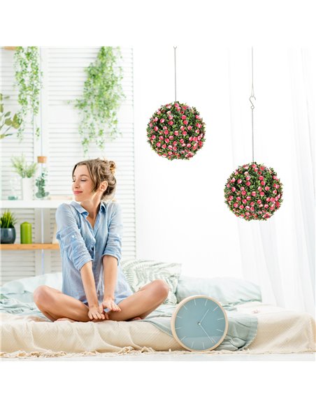 HOMCOM Set of 2 Decorative Artificial Plants, UV-protected Artificial Plant Topiary Rose Balls, Fake Plants for Home Indoor outd - pic 125662 | FastDaddyshop