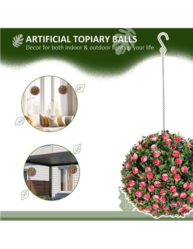 HOMCOM Set of 2 Decorative Artificial Plants, UV-protected Artificial Plant Topiary Rose Balls, Fake Plants for Home Indoor outd