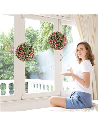 HOMCOM Set of 2 Decorative Artificial Plants, UV-protected Artificial Plant Topiary Rose Balls, Fake Plants for Home Indoor outd