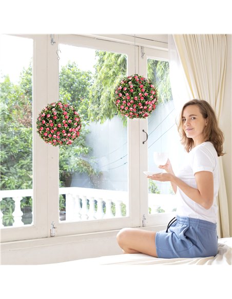 HOMCOM Set of 2 Decorative Artificial Plants, UV-protected Artificial Plant Topiary Rose Balls, Fake Plants for Home Indoor outd - pic 125667 | FastDaddyshop