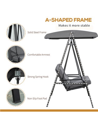 Outsunny 2 Seater Garden Swing Chair Outdoor Hammock Bench with Steel Frame Adjustable Tilting Canopy for Patio, Grey