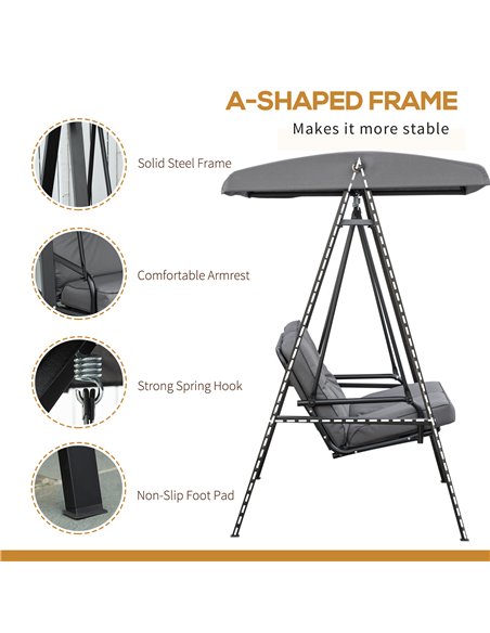 Outsunny 2 Seater Garden Swing Chair Outdoor Hammock Bench with Steel Frame Adjustable Tilting Canopy for Patio, Grey - pic 12567 | FastDaddyshop