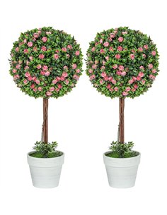 HOMCOM Set of 2 Decorative Artificial Plants, Ball Topiary Tree with Rose Flower in Pot, Fake Plants for Home Indoor Outdoor Dec