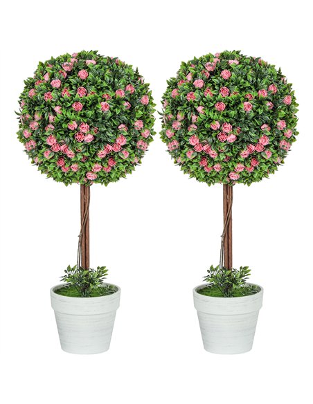 HOMCOM Set of 2 Decorative Artificial Plants, Ball Topiary Tree with Rose Flower in Pot, Fake Plants for Home Indoor Outdoor Dec - pic 125679 | FastDaddyshop