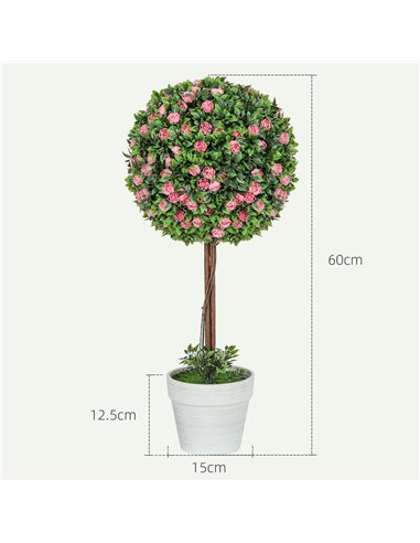 HOMCOM Set of 2 Decorative Artificial Plants, Ball Topiary Tree with Rose Flower in Pot, Fake Plants for Home Indoor Outdoor Dec