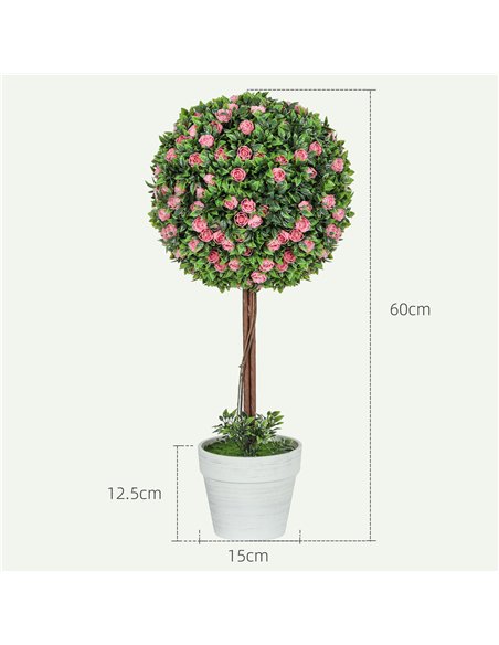 HOMCOM Set of 2 Decorative Artificial Plants, Ball Topiary Tree with Rose Flower in Pot, Fake Plants for Home Indoor Outdoor Dec - pic 125681 | FastDaddyshop