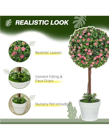 HOMCOM Set of 2 Decorative Artificial Plants, Ball Topiary Tree with Rose Flower in Pot, Fake Plants for Home Indoor Outdoor Dec