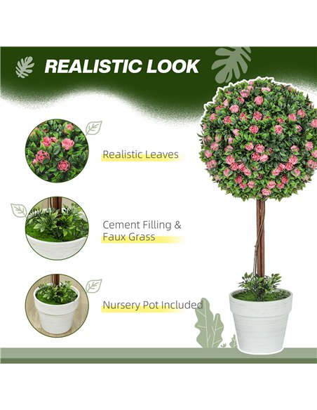 HOMCOM Set of 2 Decorative Artificial Plants, Ball Topiary Tree with Rose Flower in Pot, Fake Plants for Home Indoor Outdoor Dec - pic 125682 | FastDaddyshop