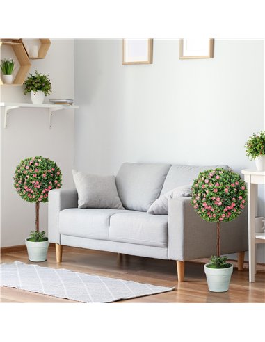 HOMCOM Set of 2 Decorative Artificial Plants, Ball Topiary Tree with Rose Flower in Pot, Fake Plants for Home Indoor Outdoor Dec