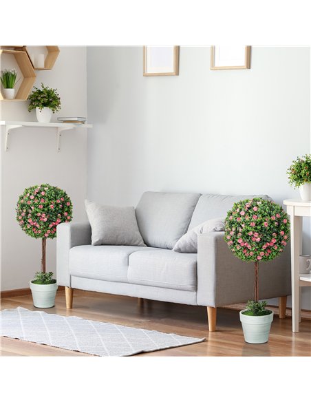HOMCOM Set of 2 Decorative Artificial Plants, Ball Topiary Tree with Rose Flower in Pot, Fake Plants for Home Indoor Outdoor Dec - pic 125684 | FastDaddyshop