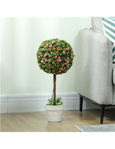 HOMCOM Set of 2 Decorative Artificial Plants, Ball Topiary Tree with Rose Flower in Pot, Fake Plants for Home Indoor Outdoor Dec