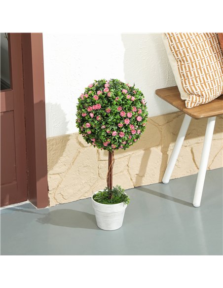 HOMCOM Set of 2 Decorative Artificial Plants, Ball Topiary Tree with Rose Flower in Pot, Fake Plants for Home Indoor Outdoor Dec - pic 125686 | FastDaddyshop