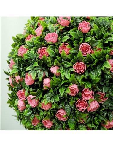 HOMCOM Set of 2 Decorative Artificial Plants, Ball Topiary Tree with Rose Flower in Pot, Fake Plants for Home Indoor Outdoor Dec