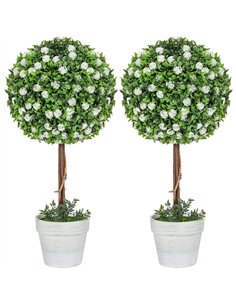 HOMCOM Set of 2 Decorative Artificial Plants, Ball Topiary Tree with Rose Flower in Pot, Fake Plants for Home Indoor Outdoor Dec