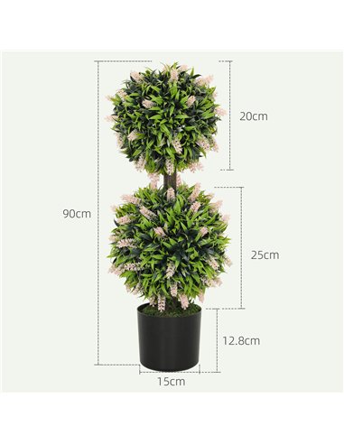 HOMCOM Set of 2 Decorative Artificial Plants Ball Trees with Lavender Flowers in Pot Fake Plants for Home Indoor Outdoor Decor, 