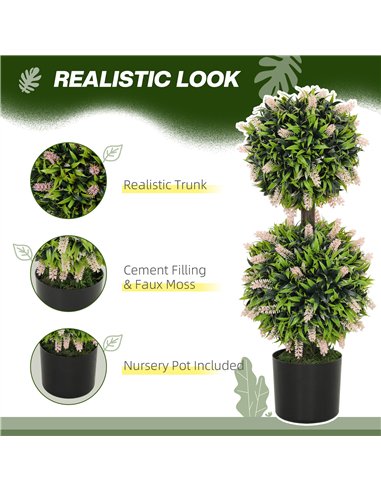 HOMCOM Set of 2 Decorative Artificial Plants Ball Trees with Lavender Flowers in Pot Fake Plants for Home Indoor Outdoor Decor, 