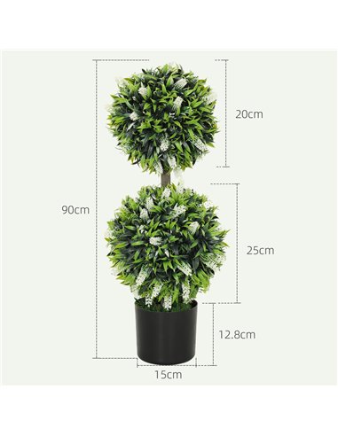 HOMCOM Set of 2 Decorative Artificial Plants Ball Trees with Lavender Flowers in Pot Fake Plants for Home Indoor Outdoor Decor, 