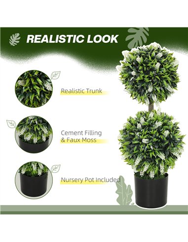 HOMCOM Set of 2 Decorative Artificial Plants Ball Trees with Lavender Flowers in Pot Fake Plants for Home Indoor Outdoor Decor, 