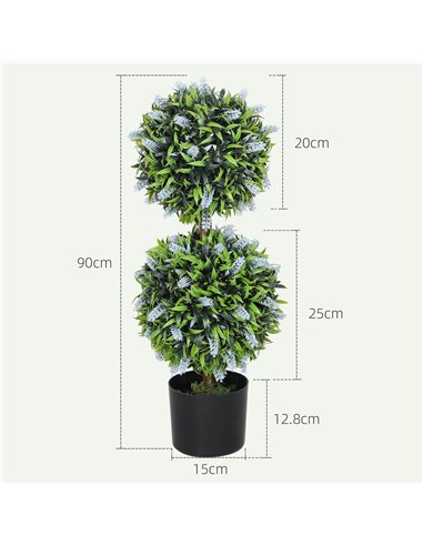 HOMCOM Set of 2 Decorative Artificial Plants Ball Trees with Lavender Flowers in Pot Fake Plants for Home Indoor Outdoor Decor, 