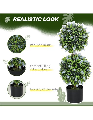 HOMCOM Set of 2 Decorative Artificial Plants Ball Trees with Lavender Flowers in Pot Fake Plants for Home Indoor Outdoor Decor, 