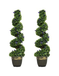 HOMCOM Set of 2 Decorative Artificial Plants, Boxwood Spiral Topiary Tree with Lavender and Pot, Fake Plants for Home Indoor Out