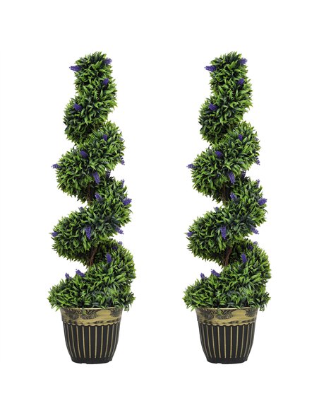 HOMCOM Set of 2 Decorative Artificial Plants, Boxwood Spiral Topiary Tree with Lavender and Pot, Fake Plants for Home Indoor Out - pic 125724 | FastDaddyshop