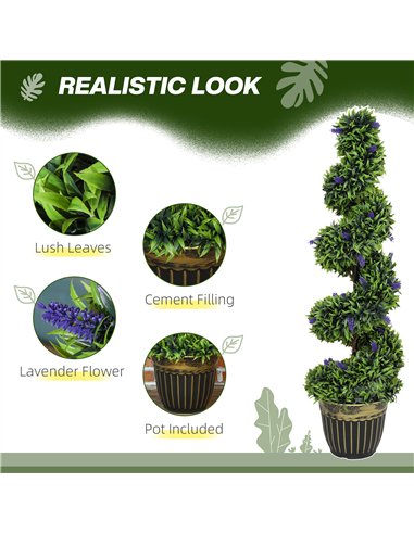 HOMCOM Set of 2 Decorative Artificial Plants, Boxwood Spiral Topiary Tree with Lavender and Pot, Fake Plants for Home Indoor Out
