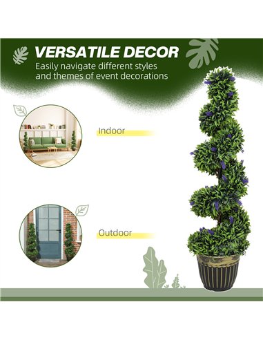 HOMCOM Set of 2 Decorative Artificial Plants, Boxwood Spiral Topiary Tree with Lavender and Pot, Fake Plants for Home Indoor Out