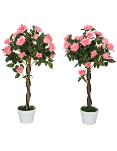 Outsunny Set of 2 Artificial Plants Pink Rose Floral in Pot, Fake Plants for Home Indoor Outdoor Decor, 90cm
