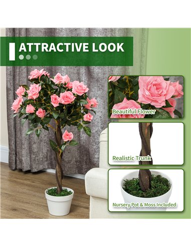 Outsunny Set of 2 Artificial Plants Pink Rose Floral in Pot, Fake Plants for Home Indoor Outdoor Decor, 90cm